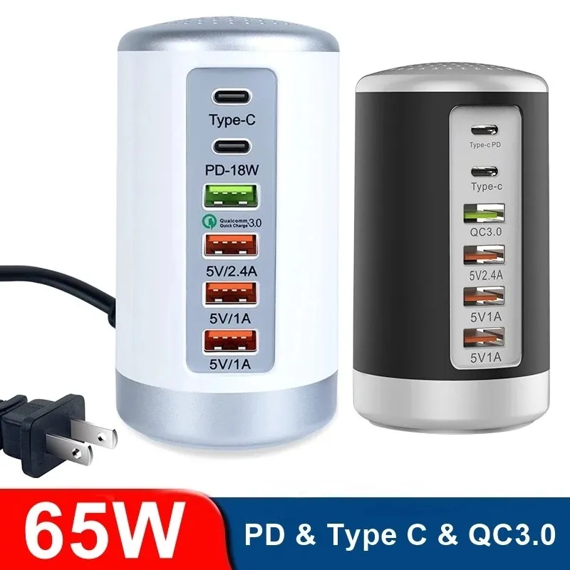 Universal 65W USB Fast Charger Hub Quick Charge QC3.0 Multi 6 Port USB Tipo C Esta￧￣o de carregador PD para tablet para celular PC