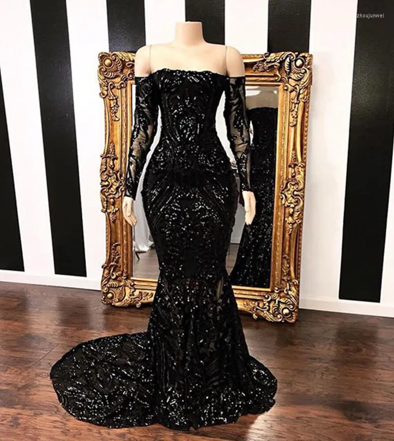 Party Dresses Long Prom 2022 Boat Neck Sleeve Sequined Floor Length Mermaid African Black Girl Dress