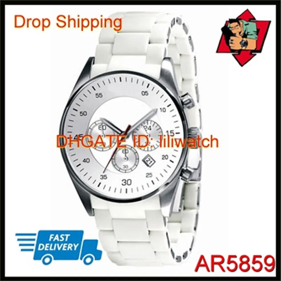 100 ٪ اليابان حركة Dropship New Silver Dial الفولاذ المقاوم للصدأ من المطاط الأبيض الكوارتز Quartz chronograph Watch Watch AR5859 AR5867323V