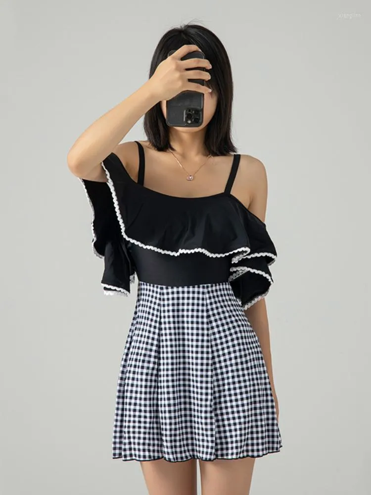 Women's Swimwear Plaid Ladies Korea 2022 Off Shoulder Swimsuits One-piece Spring Swim Dress Explosion Korean Swimsuit Women