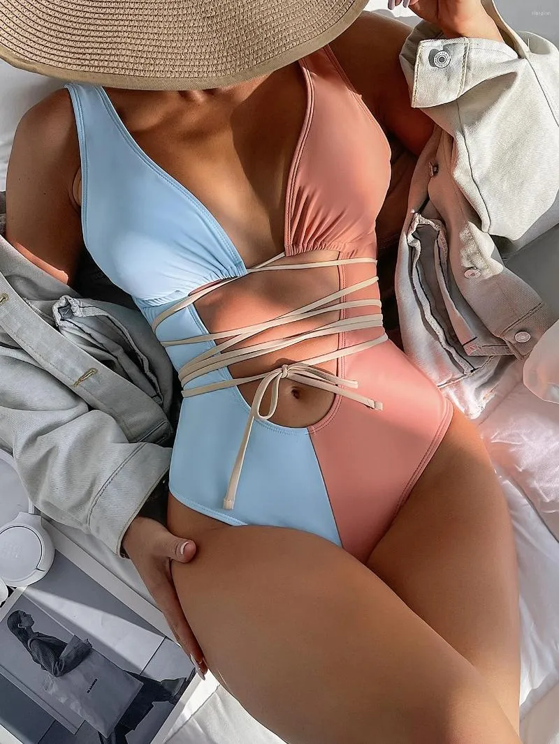 Kadın Mayo 2022 Bikini Kadın Kontrast Renk Mayo Seksi Bağlantı Kesim Yastıklı Kolsuz Monokini Kadın Sırtsız Bodysuit Beach Good