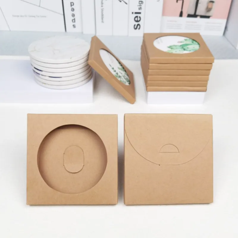 Milieuvriendelijke kraftpapier Coaster Geschenkdoos DIY Window Opening Independent Carton Productverpakking Accessoires LK419