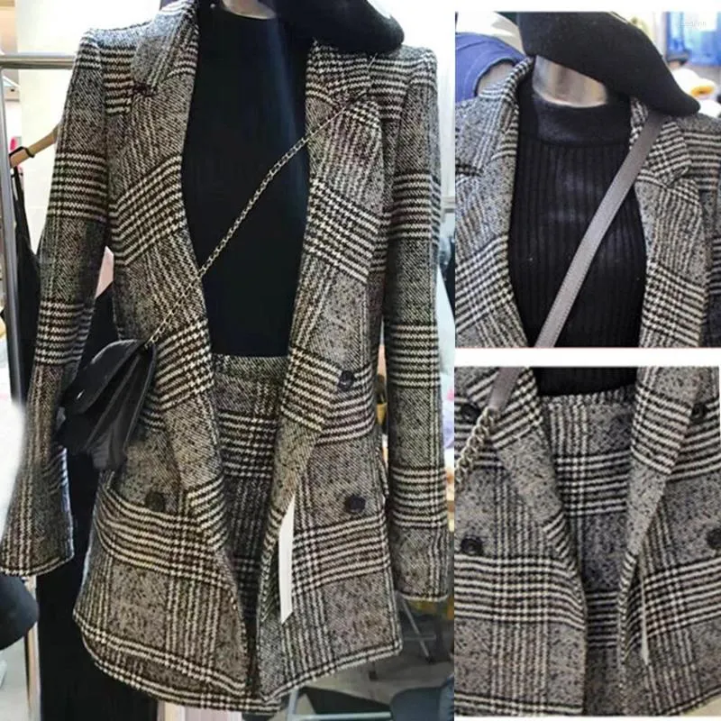 Suisses de survêtement pour femmes Oeing Wool's Wool Blend Blend Grids Blazers A-Line Business Cost Coat Jirt 2PCS One Set Slim Fit Taille S-3XL