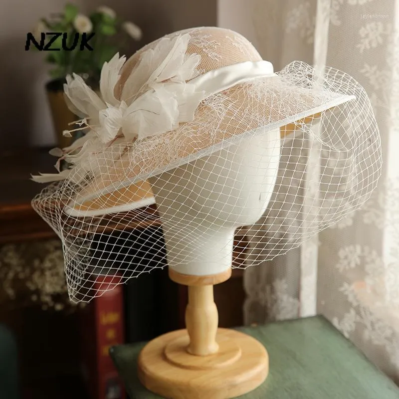 Headpieces NZUK Women Wide Brim Linen Fascinator Hat Cocktail Wedding Party Church Headpiece Lace Headwear Lady Hair Accessoriy Veil Fedora