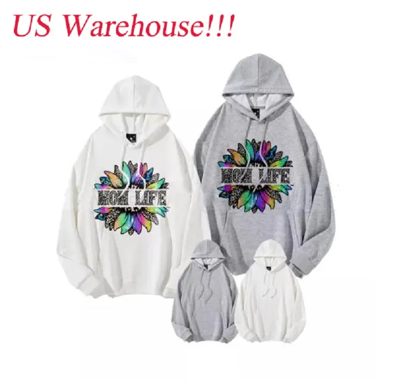 US Warehouse Sublimatie Blanco Hoodies White Hooded Sweatshirt For Women Men Letter Afdrukken Lange mouw shirts voor doe -het -zelf polyester
