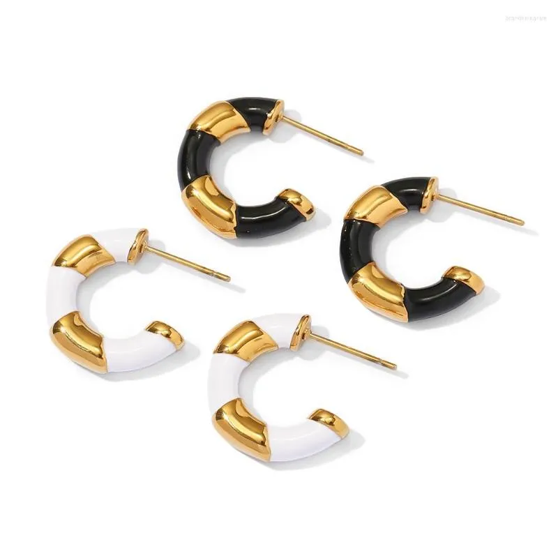Stud Earrings Youthway Metallic Textured Drip Oil C-shaped Stainless Steel PVD Gold Plated Waterproof Jewelry Party