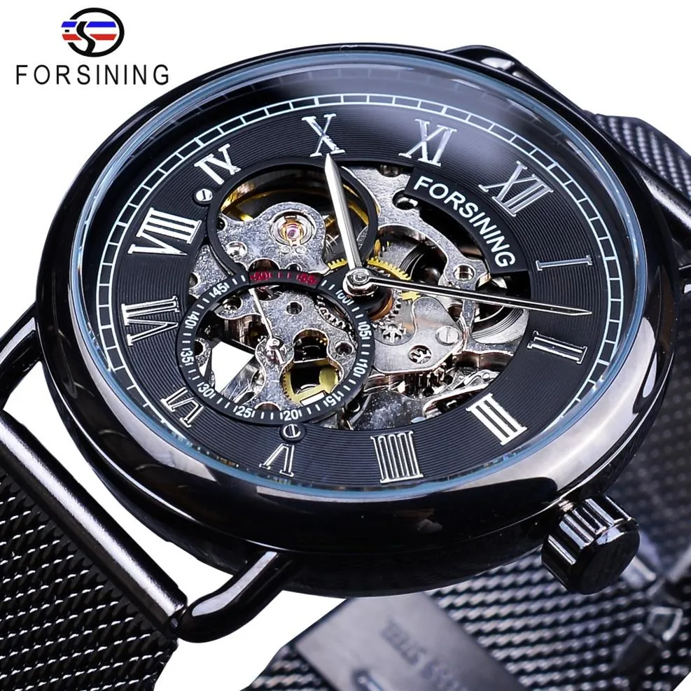 Forsining clássico preto prata esqueleto relógio malha banda design à prova dwaterproof água relógios mecânicos masculinos marca superior de luxo montre ho2782