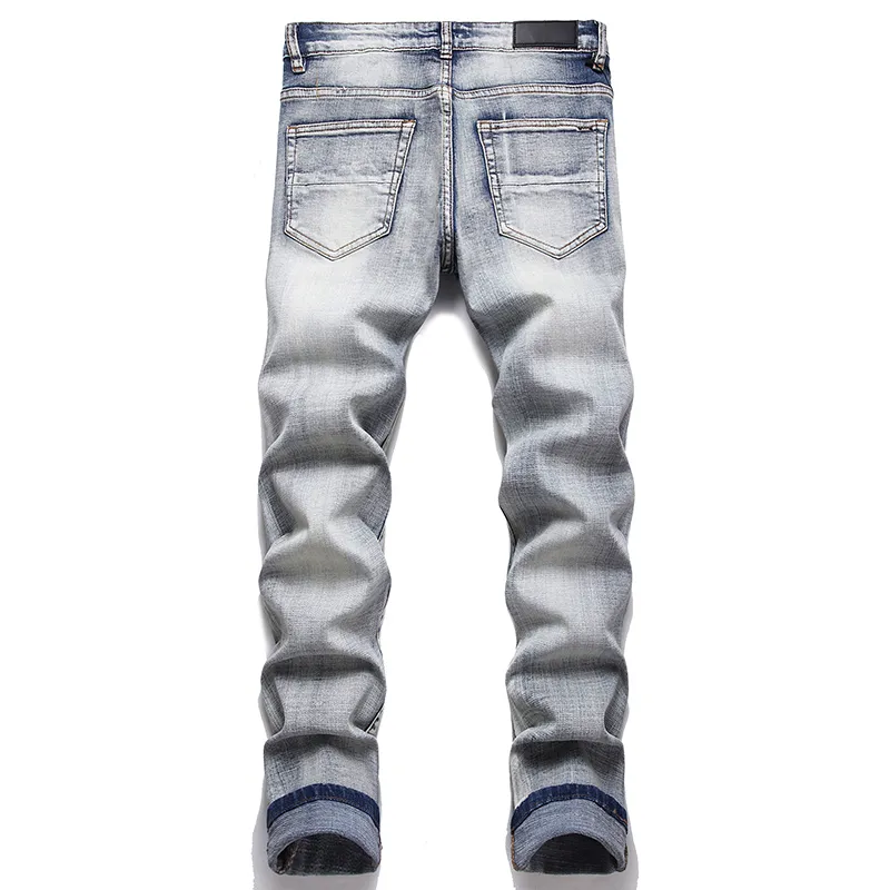 Lettre Patch hommes en détresse jean printemps déchiré trou Denim pantalon été pantalon décontracté coupe ajustée Stretch quotidien Streetwear P349x