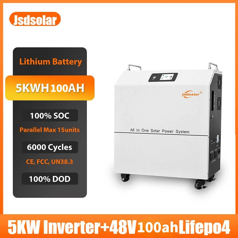 Onduleur solaire Jsdsolar deux en un 5KW avec batterie LiFePO4 48V 100ah 5KWH Onduleur MPPT Portable pour système de stockage d'énergie