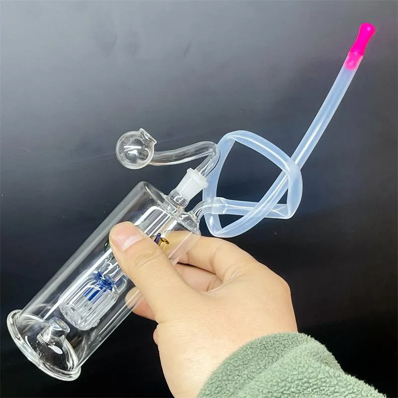 Mini Glass Bong Water Pipes Recycler Dab Rig LED Light Hand Hookah Tjock Pyrex Glass Small Beaker Bongs med 10 mm oljebr￤nnare r￶r och slang