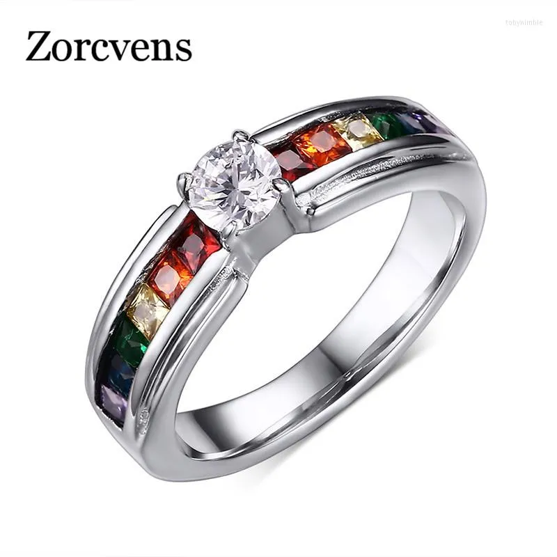 Cluster Rings ZORCVENS mężczyźni i kobiety Rainbow Ring cyrkon austriacki kryształ Gay Pride Fine Jewelry
