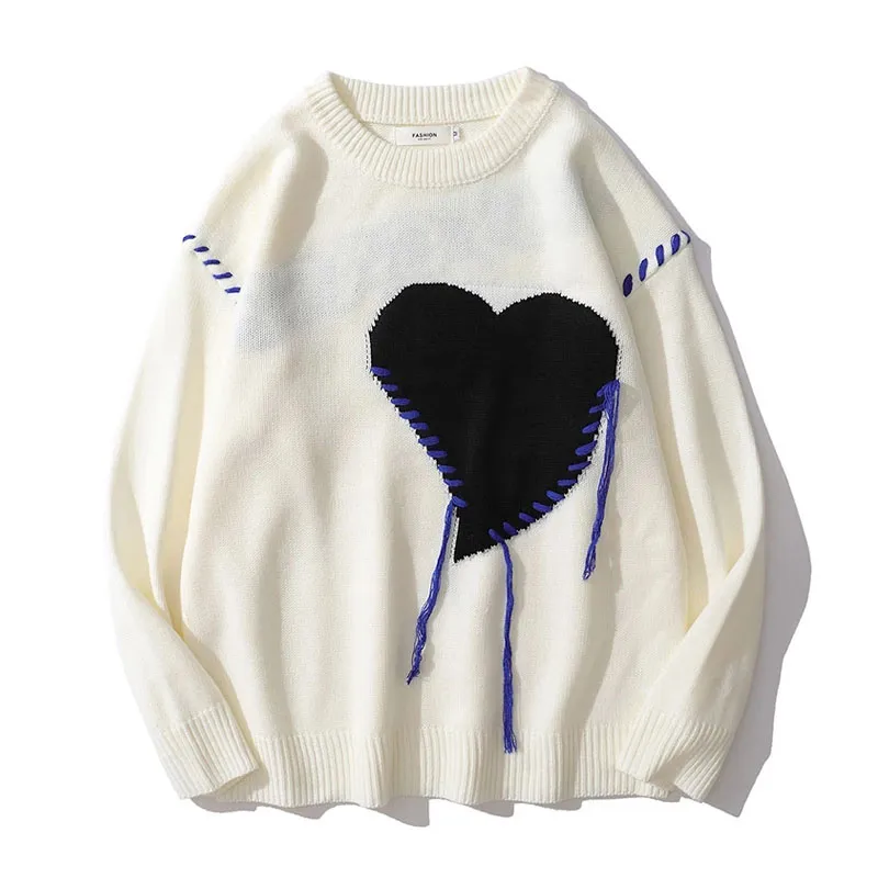 QNPQYX Harajuku Heart-shape Pattern Tassel Knitted Ugly Sweaters Men Hip Hop Vintage Casual Loose O-Neck College Pullover Couples