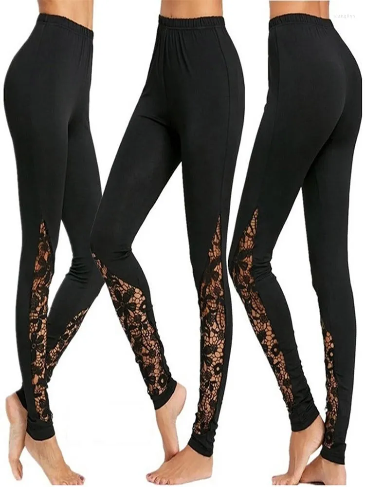 Dames leggings hoge taille zwarte kant dames dames bloemen zijkaneel uitgesneden