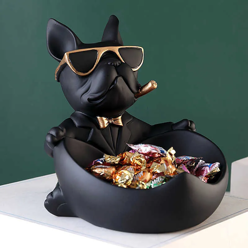 Decorative Objects Figurines Cool French Bulldog Butler with Storage Bowl for Key Pearls and Jewels Dog Statue Home Decor Statu Sculpture dog Resin Art Gift T221227