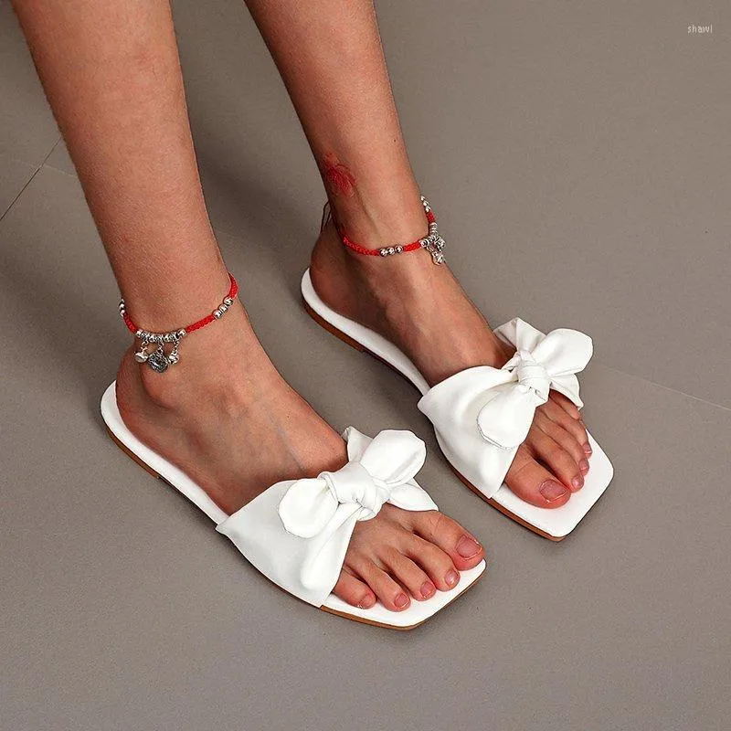 Slippers Slides For Women 2022 Summer Plus Size Bow Fashion Square Head Leather Beach Shoes Female Breathable Flip Flops