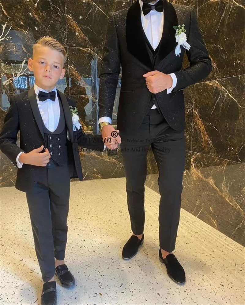 Costumes pour hommes brillants hommes châle revers marié mariage Tuxedos 3 pièces ensemble mâle bal Blazer Terno Masculino père et fils enfants