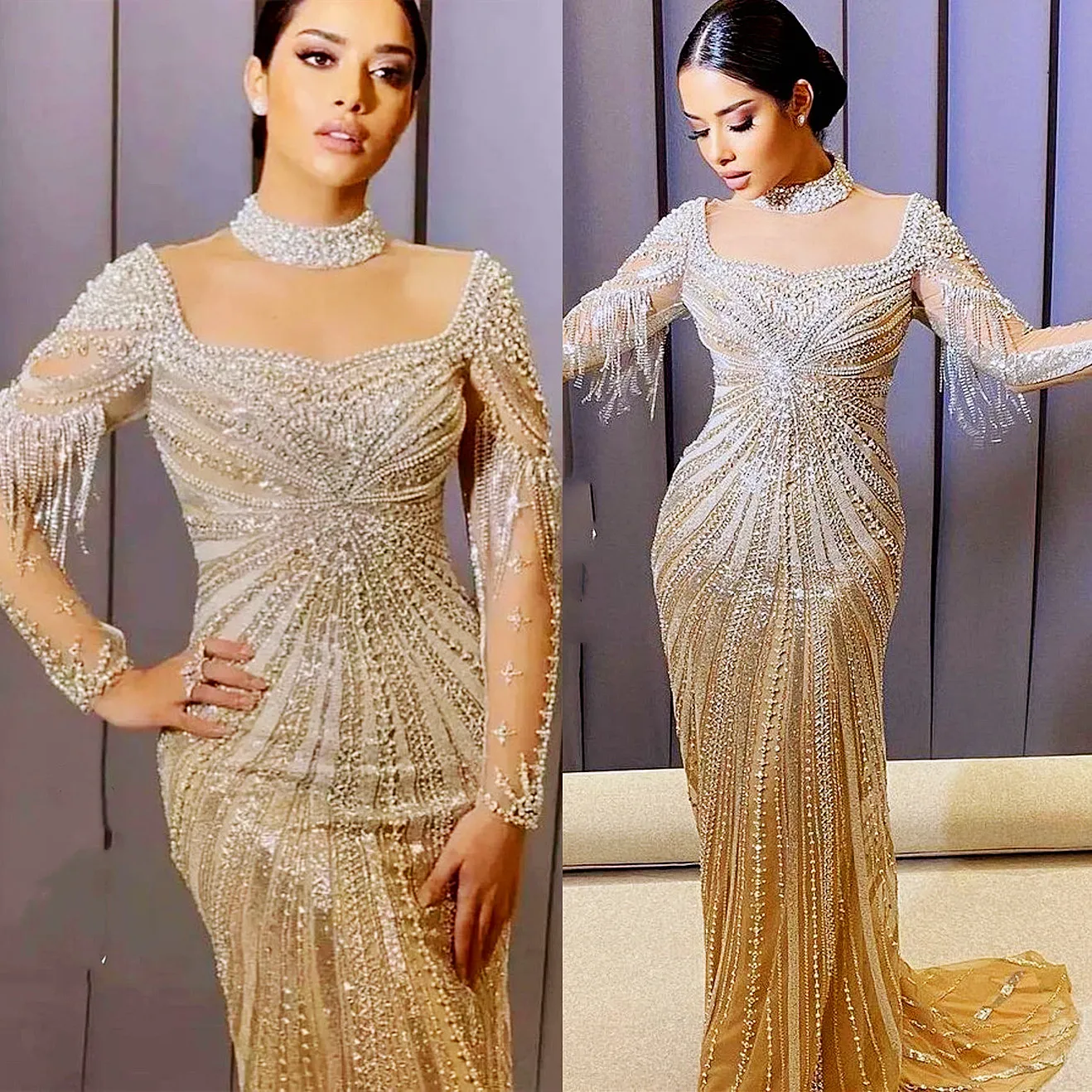 2023 Arabe Aso Ebi Gold Mermaid Robes de bal Crystals Crystals Soir￩e F￪te formelle Deuxi￨me r￩ception Robes de fian￧ailles d'anniversaire Robe ZJ632