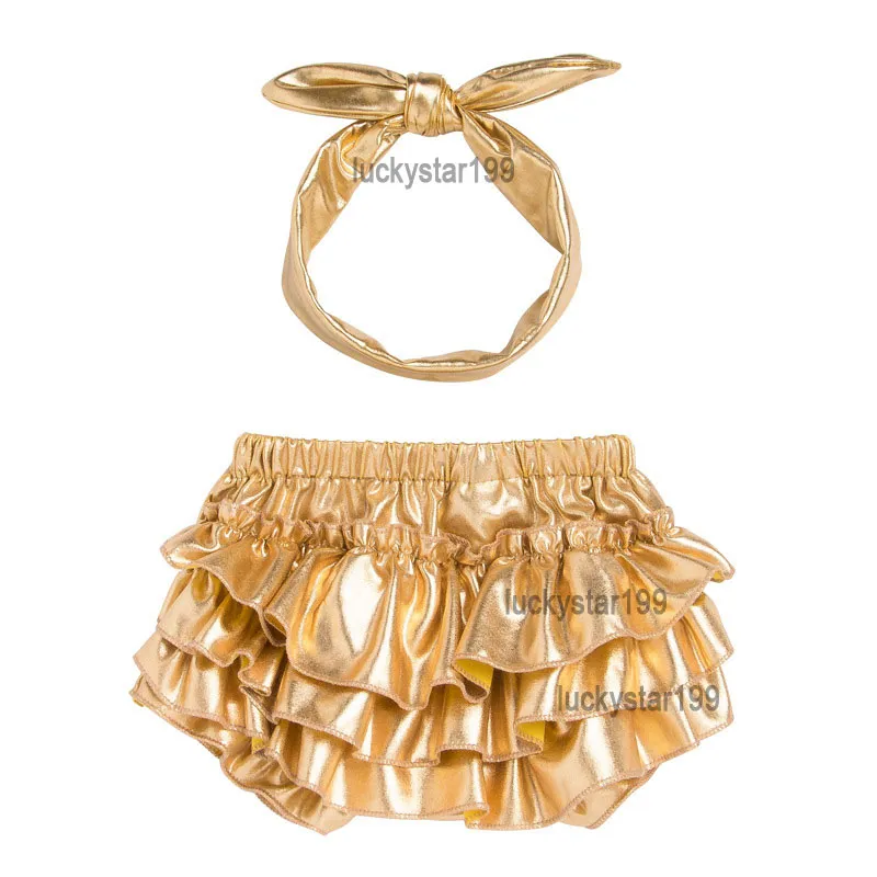 Baby flicka gyllene ruffle bloomers shorts kostymer 0-24 månad nyfödd spädbarn bomull romer kläder set byxor skor pannband