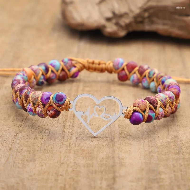 Charme Bracelets Coeur En Acier Inoxydable Macramé Naturel Violet Jaspers Chaîne Tressé Double Couches Inspiré Bijoux