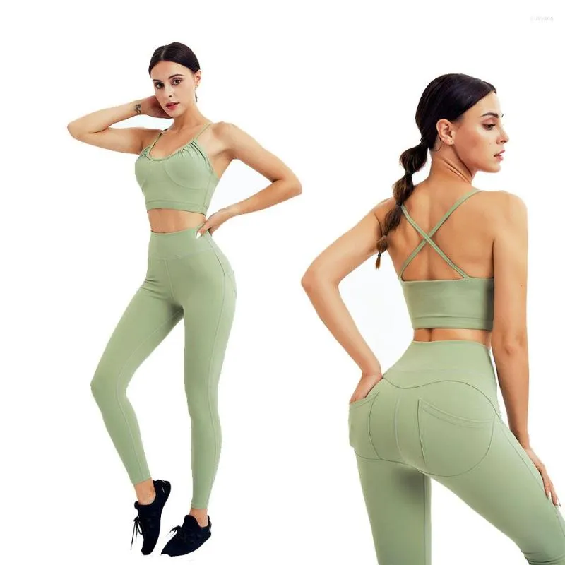 Conjuntos ativos 2pc Mulheres de ioga Conjunto de roupas esportivas sem costura para academia atlética Execução de bicicleta de bicicleta Fitness Sling Bra Pocket Leggings Tracksuit LF520