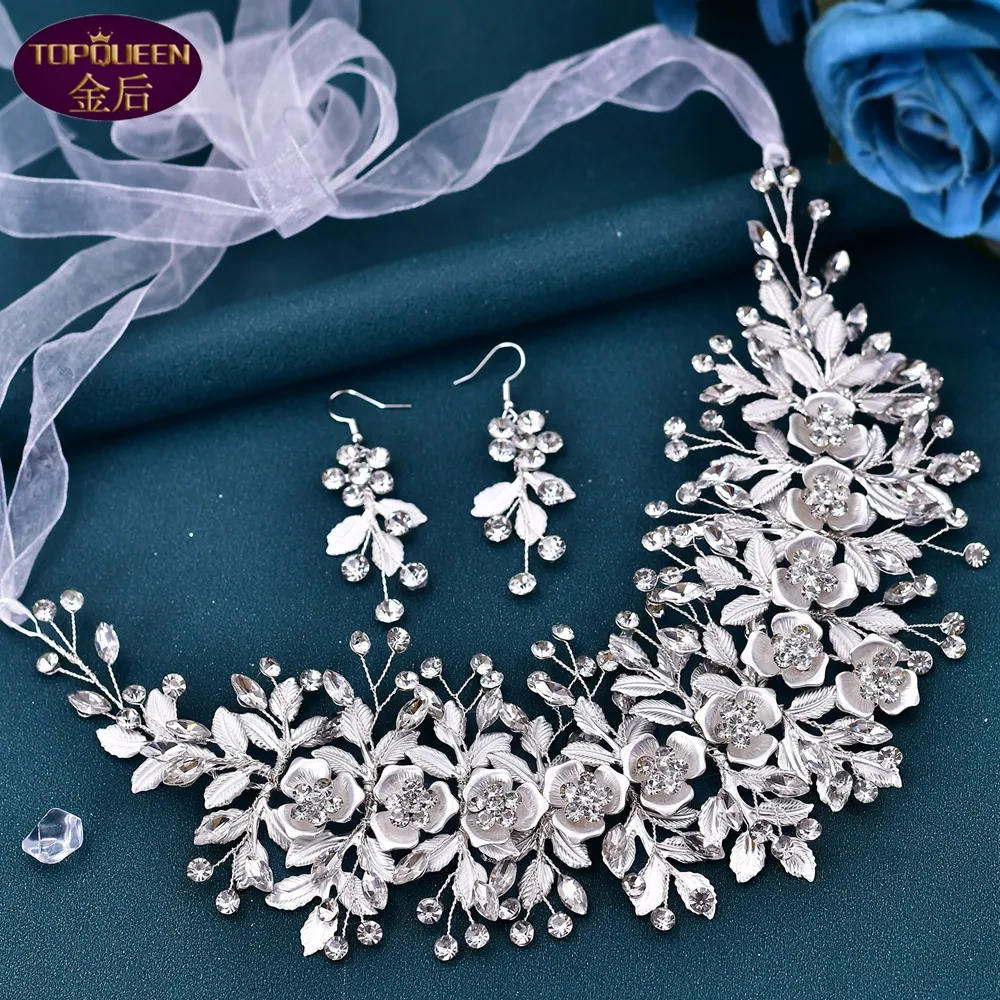 Brincos festivos de tiara de casamento definido Silver Flowers Bridal Haphewear Rhinestone com joias de casamento Corretas Coroas