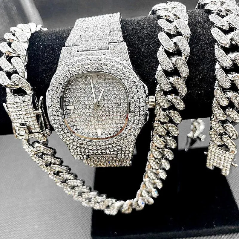 Kettingen Luxe Iced Out Horloge Kettingen Armband Heren Hip Hop Sieraden Set Miama Cubaanse Link Chain Choker Blinged Gold Horloges
