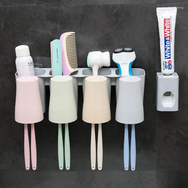 Set di accessori da bagno HS050 Portaspazzolino per famiglia alla moda, completo di lavaggio a parete con estrusore automatico di dentifricio