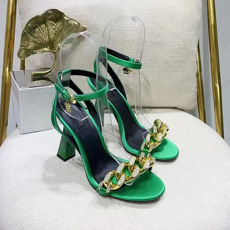 Luxury Designer Satin Green Sandals Heels With Crystal Diamonds