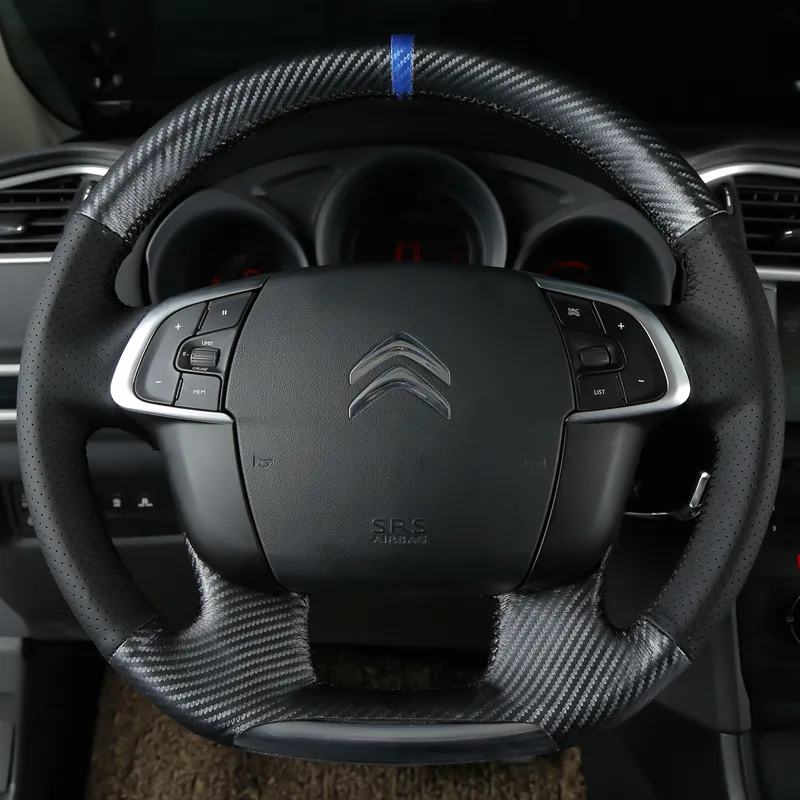 Für Citroen C4 2011-2015 DS4 Handgenähte schwarze Kohlefaser-Leder-Lenkradabdeckung