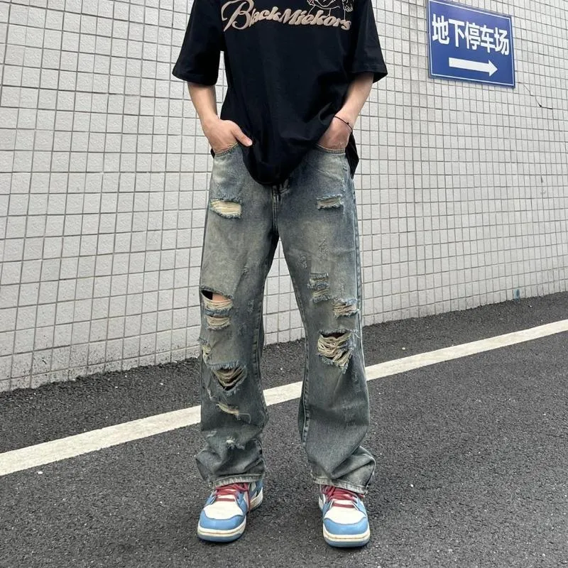 Мужские джинсы высококачественные американские улицы вымыты изношенные хип -хоп.