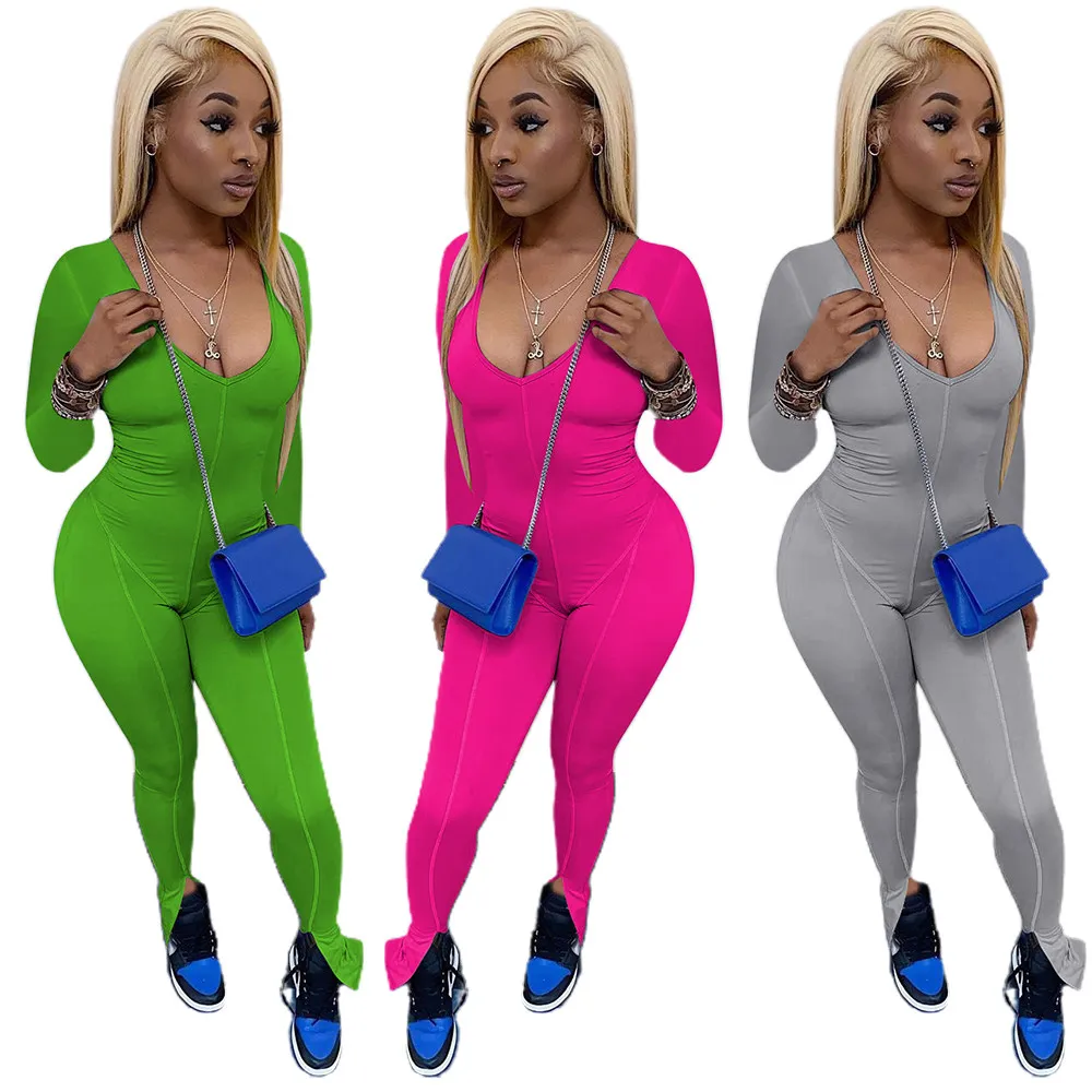 2024 Designer Frauen Jumpsuits Sexy Deep V One-Stücke Hosen Solide Bodycon Overalls Langarm Strampler Leggings Großhandel Herbst Winter Kleidung 8939