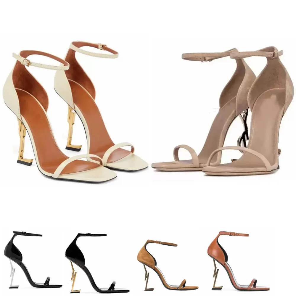 Plataforma de ver￣o opyum sand￡lias femininas calfskin metal letra sapatos de salto no tornozelo da fivela da marca Cassandra Elegant Mulheres mostram charme sexy