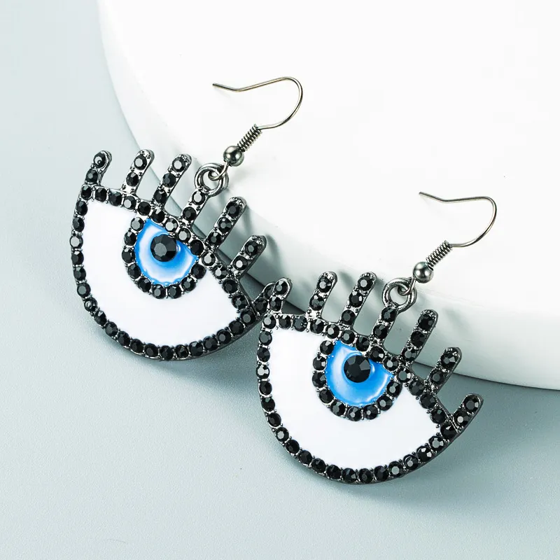 S3386 bijoux de mode émail mauvais œil boucles d'oreilles pour femmes noir strass yeux bleus boucles d'oreilles