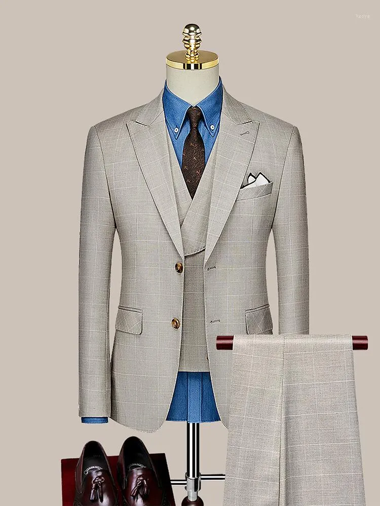Męskie garnitury set blezer kamizelki spodni retro styl jasnoszare w kratę groom noszenie Business Man Codzienne ubranie pojedyncze piersi plus