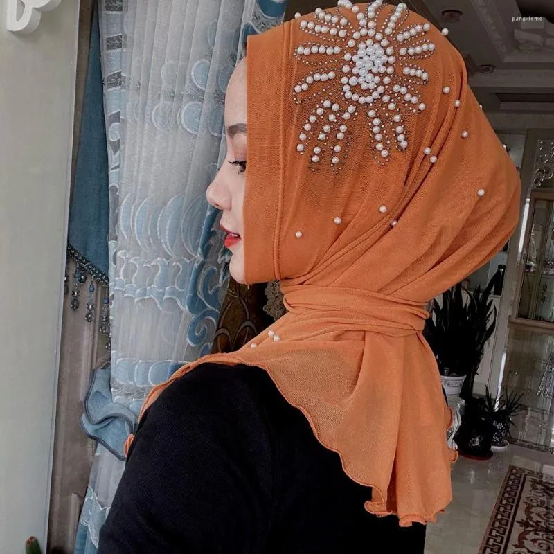 Ethnic Clothing Hijabs Muslim Islamic Scarf Scarves For Woman Long Underscarf Moslima Solid Color With Bead Prayer Turbante