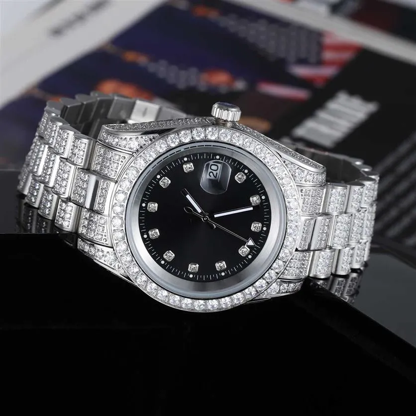 Diamant CZ de luxe glacé en acier inoxydable plaqué or quartz hommes montre-bracelet288B