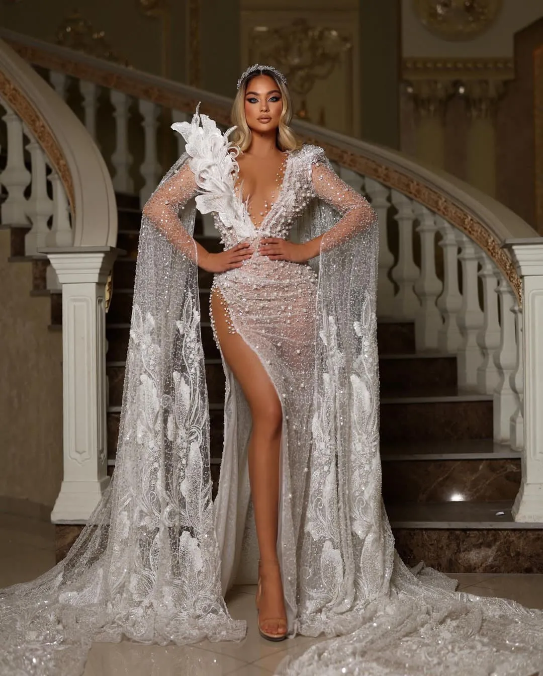 Pearls Sheer Neckline Evening Dresses with Loose Sleeves, Luxury Beaded Prom Dresses Pearls Sheer Neckline Evening Dresses with Loose Sleeves, Luxury Beaded Prom Dresses