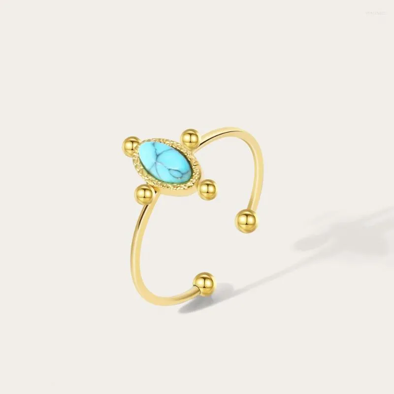 Anneaux De Mariage YACHAN Bague En Acier Inoxydable Pour Les Femmes Pierre Naturelle Turquoise Ouverture Réglable Plaqué Or À La Mode Preuve De L'eau Bijoux