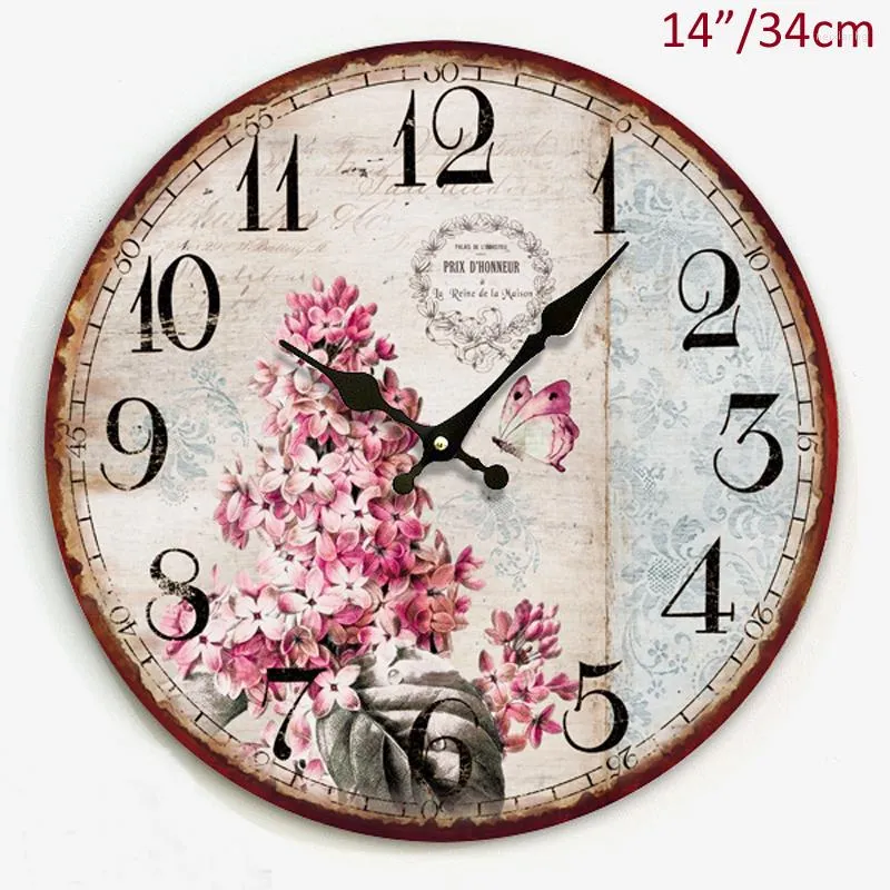 Relógios de parede antiga França Provence Acentos Flor Flor com design de borboleta 14 polegadas Decoração redonda Decoração MDF Relógio