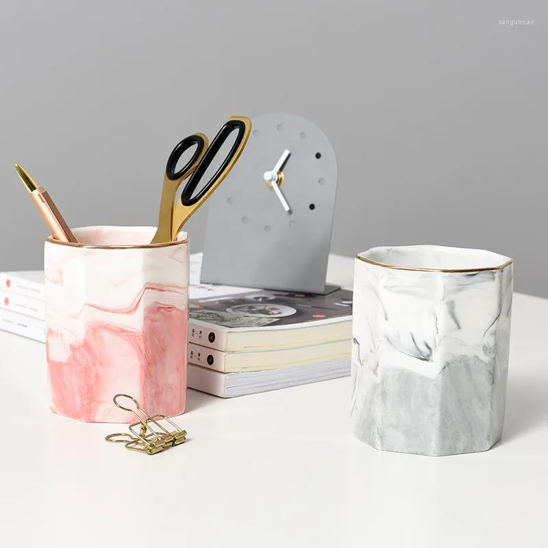 Storage Boxes Marble Makeup Brush Holder Stand Dresser Cosmetic Office Desk Organizer Pen Pencil Ruler Ceramic Tumbler Cup