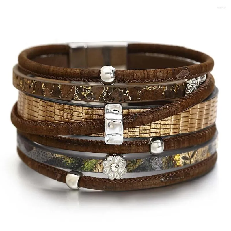 Bracelets de charme Amorcome Vintage Wapeden Color Leather para mulheres meninas Dragonfly Flower Multilayer Femme Jóias de pulseira