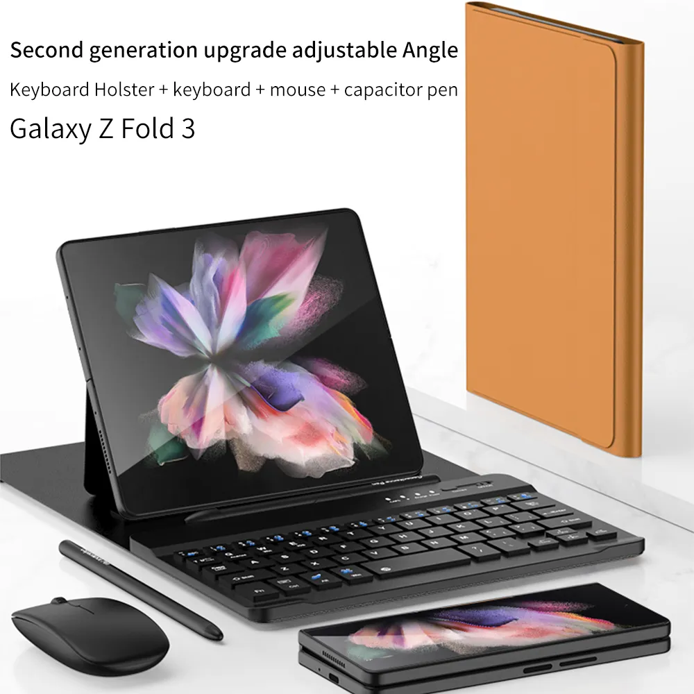 Bluetooth Mouse Keyboard Holster Cases For Samsung Galaxy Fold 4 Fold 3 Fold 2 Case Wireless Leather Protective Cover