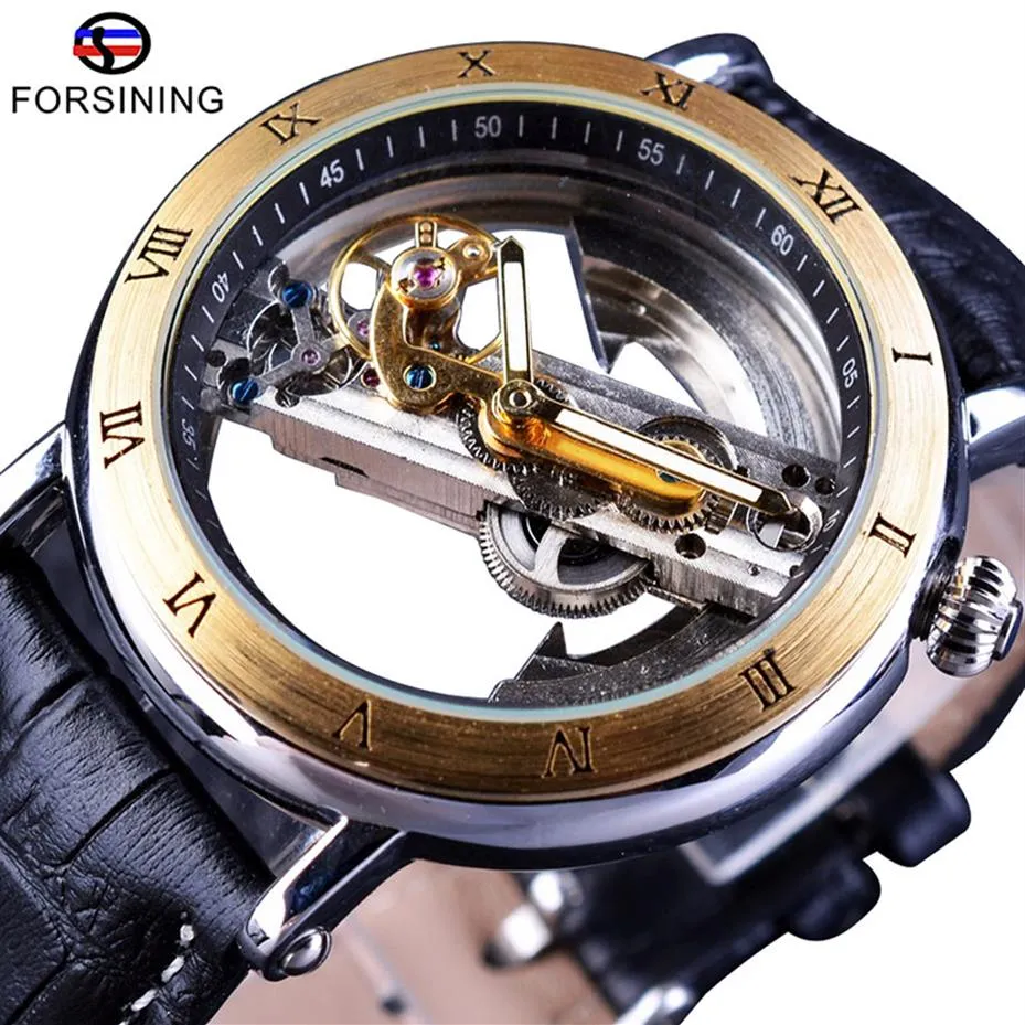 Forsining Luxe Steampunk Hommes Squelette Montre Cadeau Étanche Automatique Montre-Bracelet Minimalisme Bracelet En Cuir Transparent Montre SLZe207S