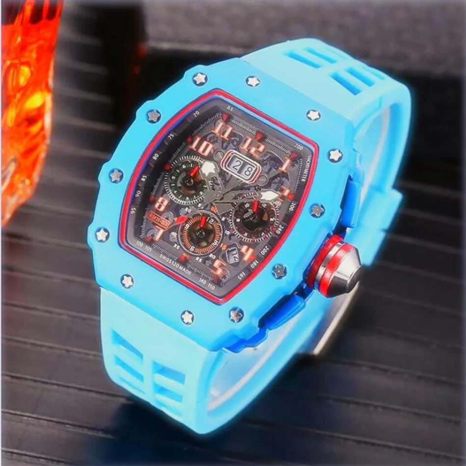 Montre de Luxe Mens Skeleton Watches All Pointer Work Battery Quartz Movement Watch Rubber Stap Colorful Chronograph Wristwatch240e