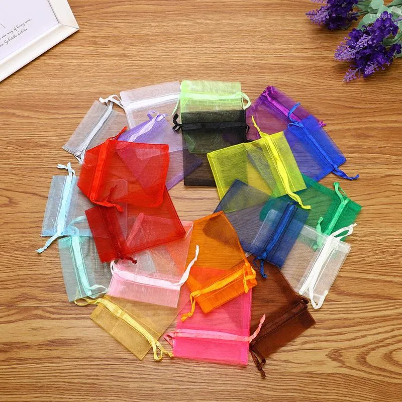 Jewelry Pouches 100pcs 7x9 9x12 10x15cm Mix Color Organza Bag Wedding Party Decoration Drawable Bags Gift