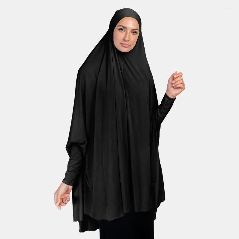 Abbigliamento etnico Berretto Hijab lungo Indumento da preghiera per la moda musulmana islamica ad alta elasticità per le donne Nero