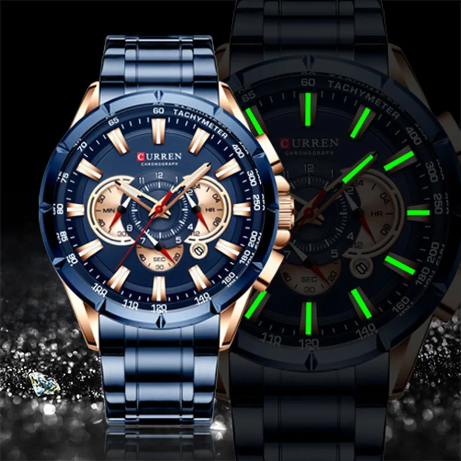 Curren Luxury Brand Heren kijken Blue Quartz Polshorwatch Sport Chronograph Clock Male roestvrijstalen band Fashion Business WA267Q