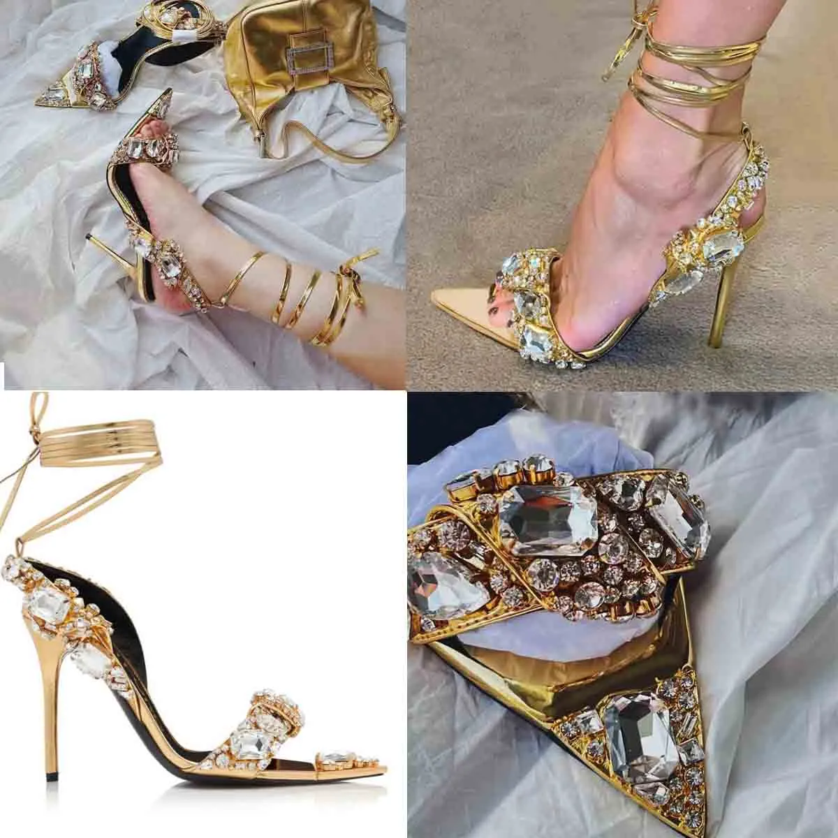 Rhinestone Lady sandal Bride high heels Mirror leather studded crystal stones pointy toe jewel sandal ankle strap wedding party dress women padlock 35-43