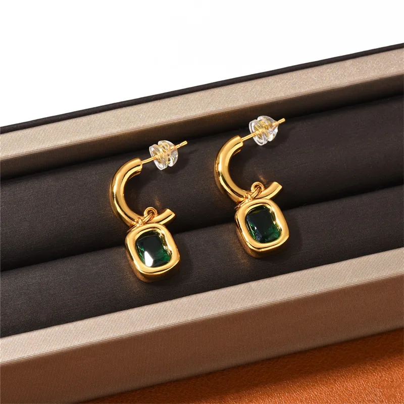 French Geometry Green Zircon Earrings Studs Trendy Retro High Grade Small Crowd Design Temperament All-Match Women's Jewelry