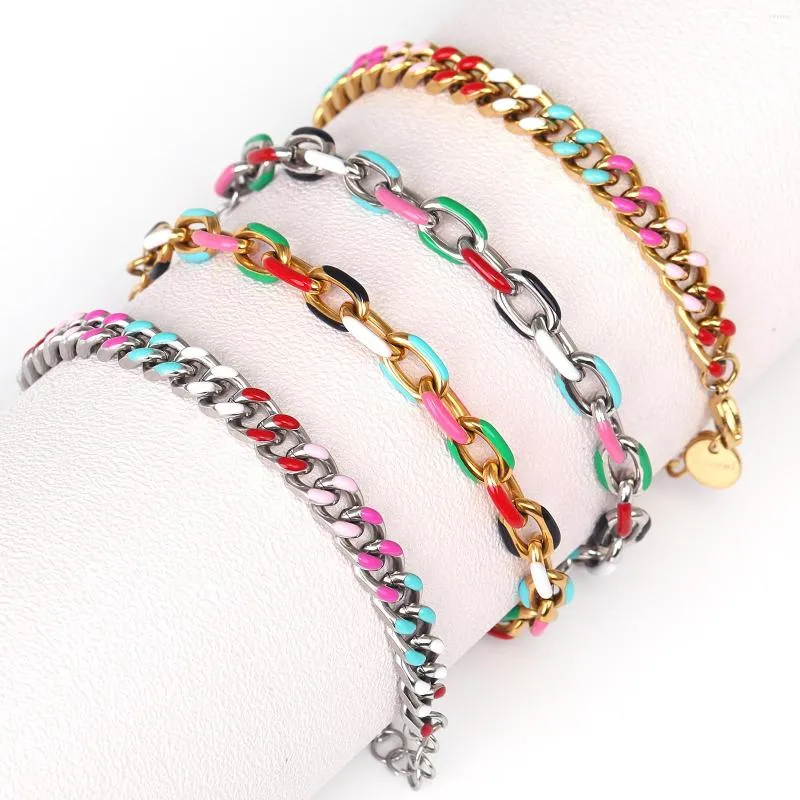 Braccialetti con ciondoli Punk Bracciale colorato in acciaio inossidabile Collana per uomo Donna O-shape Smalto Curb Cuban Chain Link Gioielli in metallo massiccio